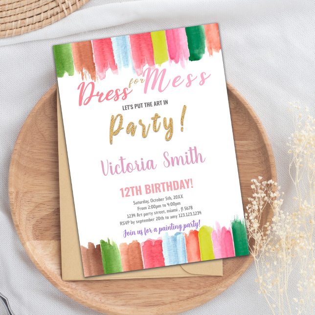 Carte Art Party pour enfants modifiable avec rainb (Paint watercolor Age on center Birthday Invitation)