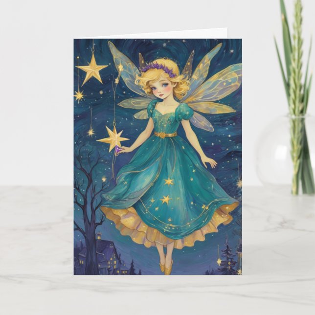 Carte Art rétro Fée de Noël étoile Nuit (Devant)
