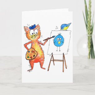 Carte Artiste de Whimsical Chat Peindre un oiseau