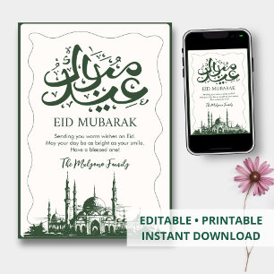 Carte artistique de Eid Mubarak avec mosquée vert 