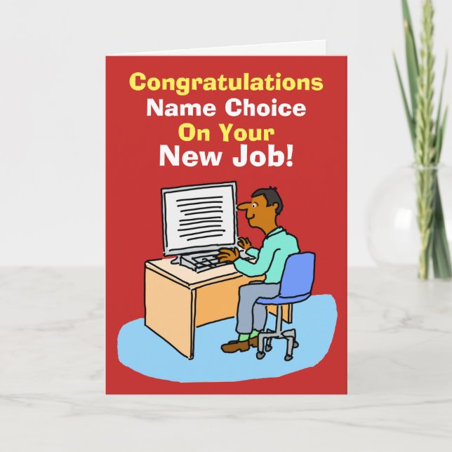 Carte Asian Office Worker at Computer. Nouveau job. (Devant)