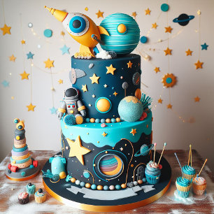 CARTE ASTRONAUT BLANC ET GÂTEAU ANNIVERSAIRE DE ENFANT S