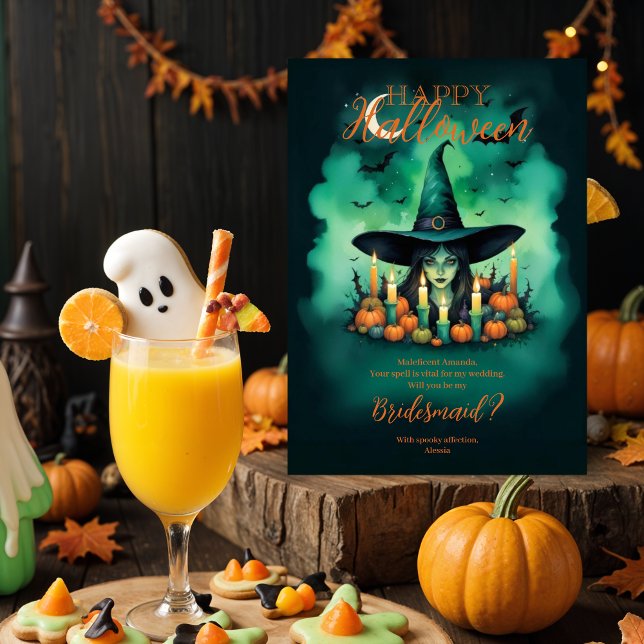 Carte Attractive Halloween Witch Conjures Bridesmaid  (Attractive & Mystical Halloween Witch Conjures Enchanting Spells Amid Glowing Candles Bridesmaid.)