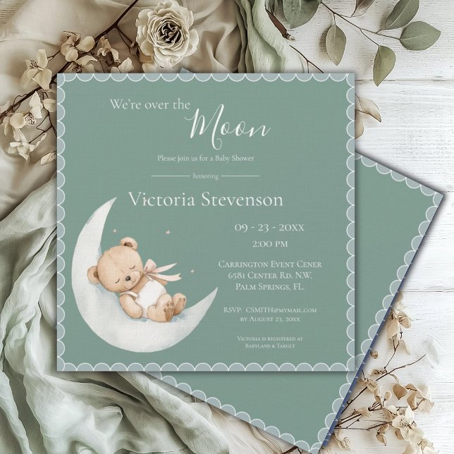 Carte Au-dessus du Baby shower vert de l'ours de lune (Créateur téléchargé)