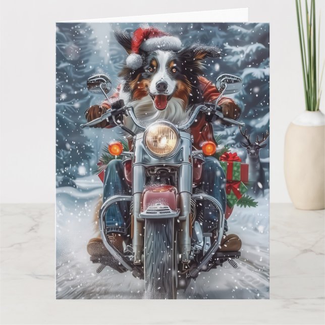 Carte Australian Shepherd Riding Motorcycle Noël (Devant)