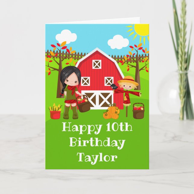 Carte Automne Barnyard Black Hair Girl Joyeux anniversai (Devant)