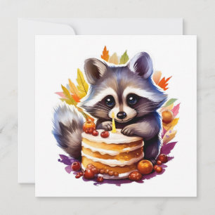 Carte Automne Raccoon avec gâteau de 1e anniversaire
