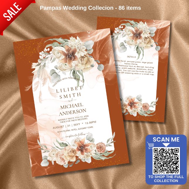 Carte Automne Terracotta Floral Pampas MARIAGE (Créateur téléchargé)