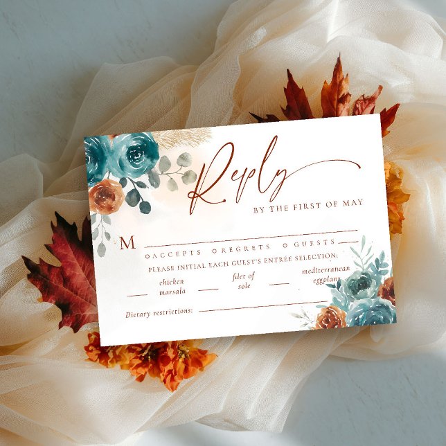 Carte Automne Turquoise Burnt Boho Repas de Boho Boho Ma (fall in love wedding reply rsvp meal teal burnt orange terracotta watercolor floral botanical earthy)