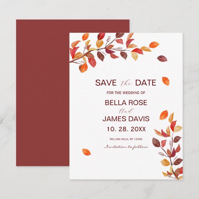 Carte Autumn Branch Leafs Wedding Enregistrer la date (Devant / Derrière)