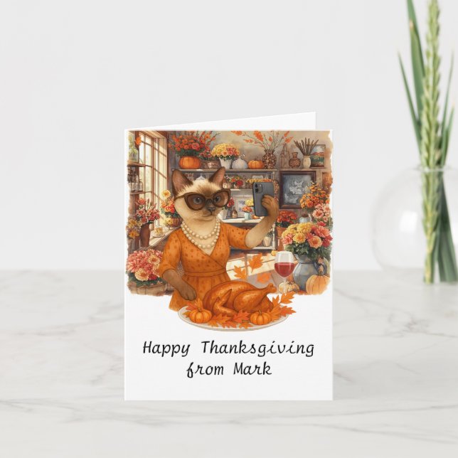 Carte Autumn Cat florist prend en photo la dinde (Devant)