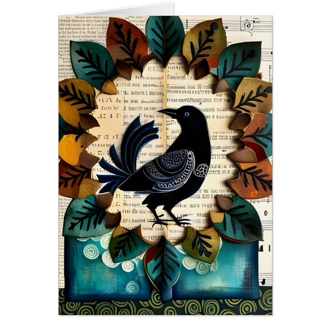 Carte avec Collage d'Oiseau Noir en Art Populaire  (Devant)