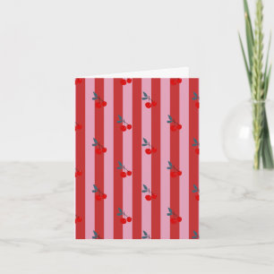 Carte avec motif rayé rouge et rose avec cerises