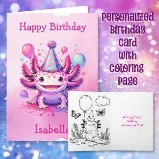 Carte Axolotal rose et violet personnalisé Anniversaire