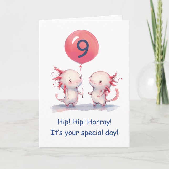 Carte Axolotl 9e Anniversaire Voeux en rose avec ballon (Devant)