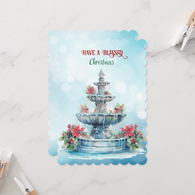 Carte Ayez Une Bénie Fontaine De Noël Poinsettias (Devant/Arrière en situation)