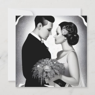 Carte B&W Bride Groom & Bouquet