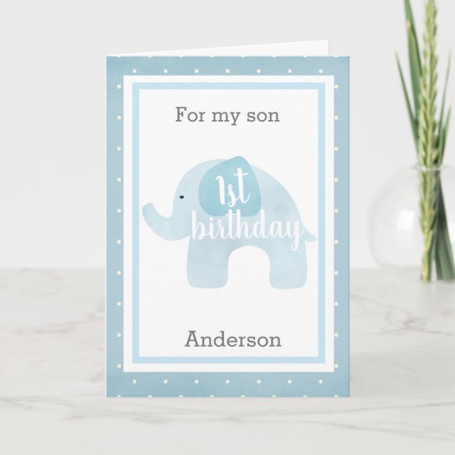 Carte Baby Blue Elephant 1er Fils d'anniversaire (Devant)