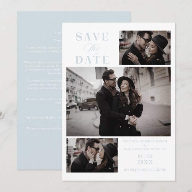 Carte Baby Blue Modern 3 Custom Photos Wedding (Devant / Derrière)