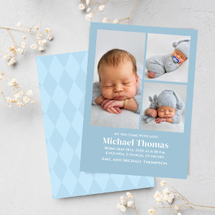 Carte Baby Boy Birth Photo Collage personnalisé bleu