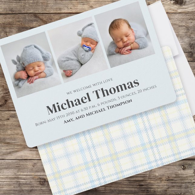 Carte Baby Boy Blue Multi Photo Simple Cute Plaid (Créateur téléchargé)