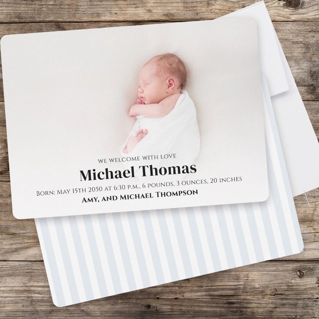 Carte Baby Boy Blue Photo Simple Cute Stripes (Créateur téléchargé)