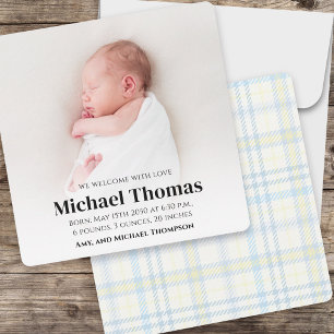 Carte Baby Boy Blue Photo Simple mignonne Carré Plaid