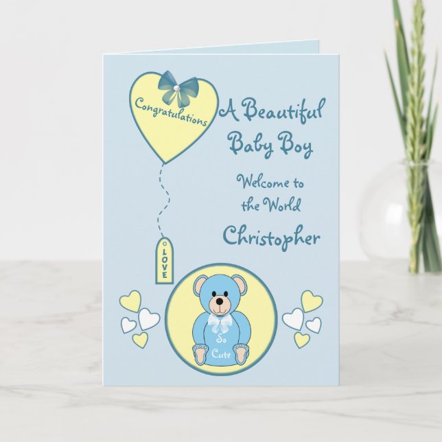 Carte Baby Boy Card ours en peluche bleu et jaune (Devant)