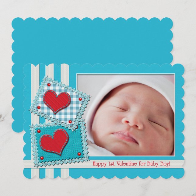 Carte Baby Boy First Valentine Fabric Patches Coeur mign (Devant / Derrière)