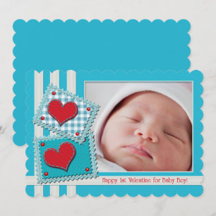 Carte Baby Boy First Valentine Fabric Patches Coeur mign