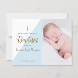 Carte Baby Boy moderne Bleu Photo Baptême Merci