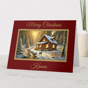 Carte Baby Deer at Forest Cabine Christmas Card