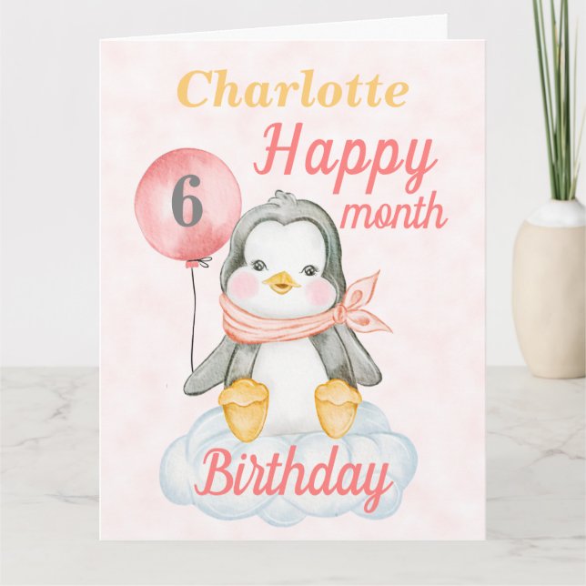 Carte Baby Girl Penguin 6 mois Anniversaire Big Card (Devant)