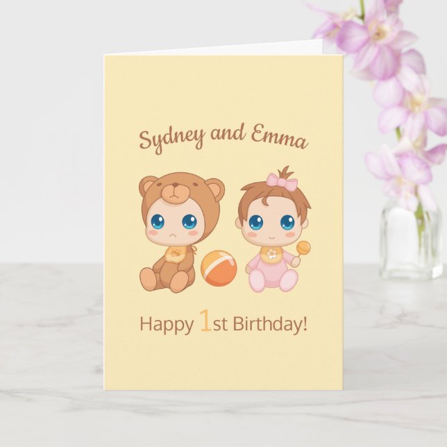 Carte Baby Girl Twins Premier anniversaire Jaune Blank (Orchidée)