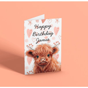 Carte Baby Highland Cow Anniversaire Nom personnalisé