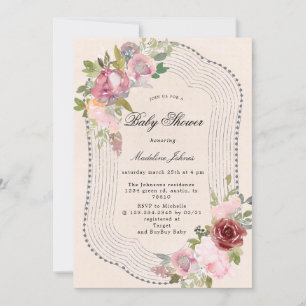 Carte baby shower à fleurs rose bordeaux rustique invita