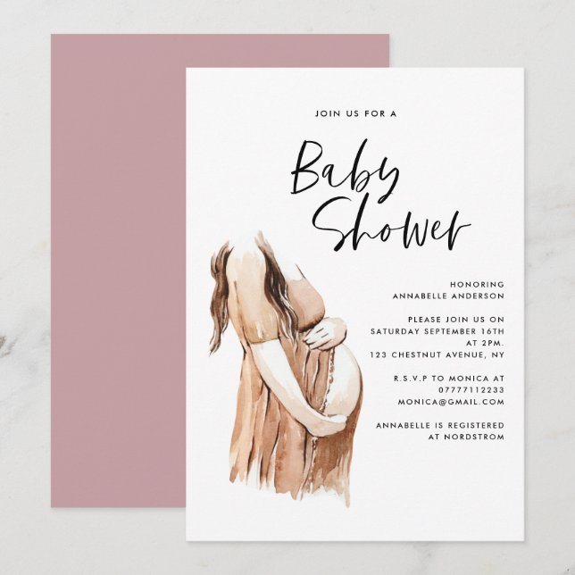 Carte Baby shower aquarelle illustration script simple (Devant / Derrière)