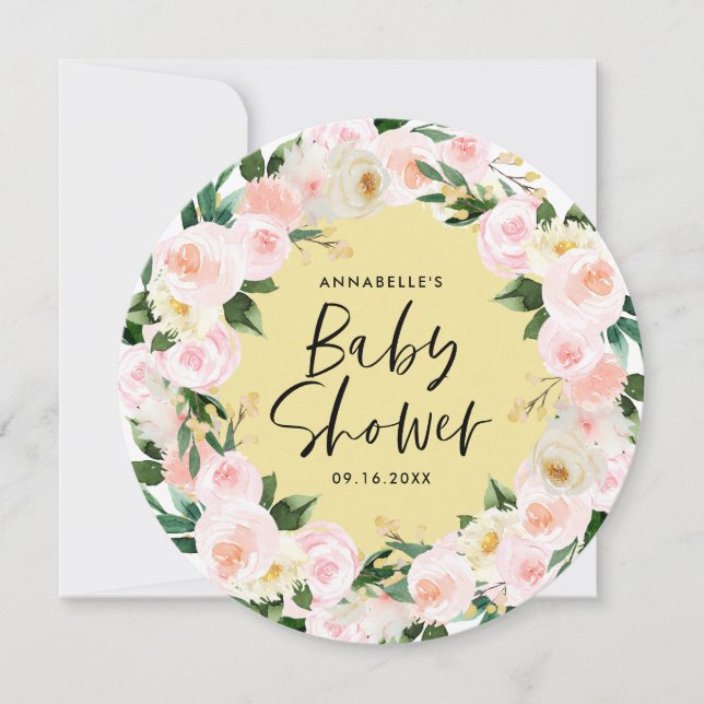 Carte Baby shower aquarelle jaune girly script floral (Devant)