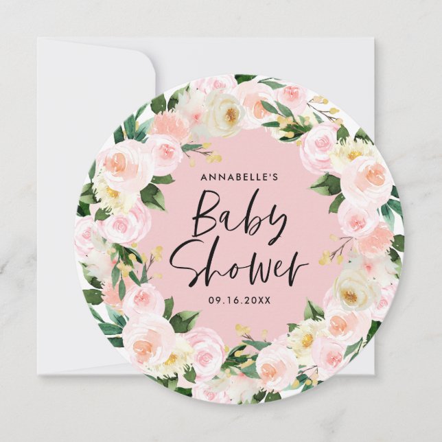Carte Baby shower aquarelle rose girly script floral (Devant)