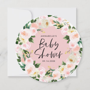 Carte Baby shower aquarelle rose girly script floral