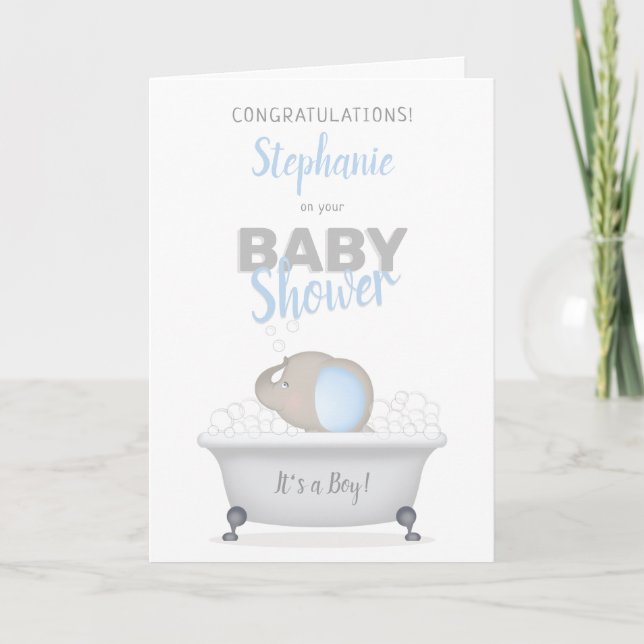 Carte Baby shower bébé éléphant bulle  garçon de bain (Devant)