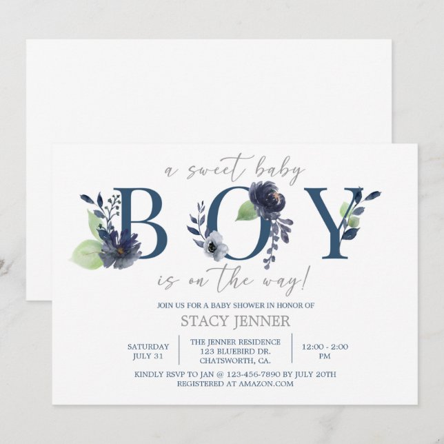 CARTE BABY SHOWER, BÉBÉ GARÇON, FLORAL BLEU, C'EST UN GA (Devant / Derrière)
