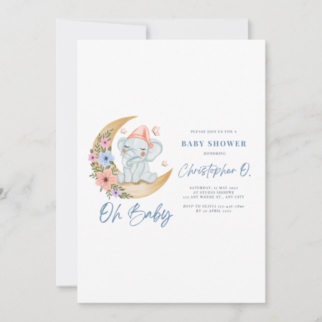 Carte Baby shower blanche et bleue (Devant)