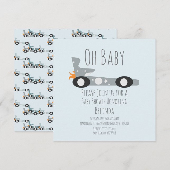 Carte Baby shower bleu Retro Racing Cars (Devant / Derrière)