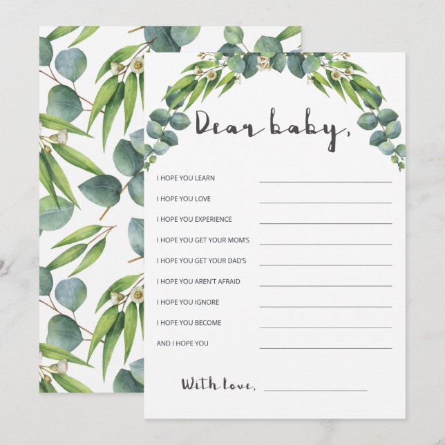 Carte Baby shower Botanique Eucalyptus souhaits pour béb (Devant / Derrière)