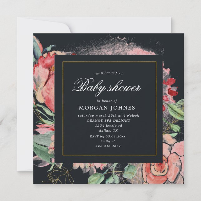 Carte baby shower carré à fleurs de minuit (Devant)