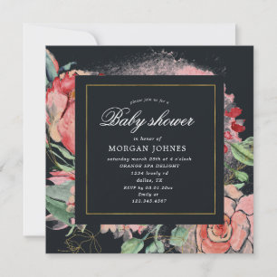 Carte baby shower carré à fleurs de minuit