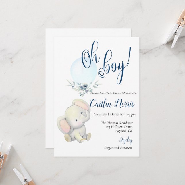 Carte Baby shower, C'est un garçon, Eléphant garçon Douc (Devant/Arrière en situation)