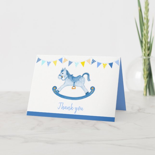 Carte Baby shower cheval à bascule bleu art aquarelle (Devant)
