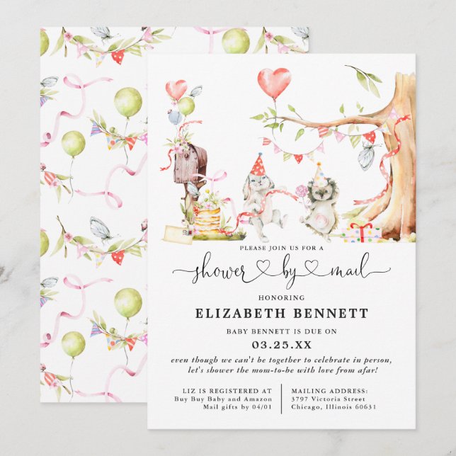 Carte Baby shower d'animaux de bois de printemps par cou (Devant / Derrière)